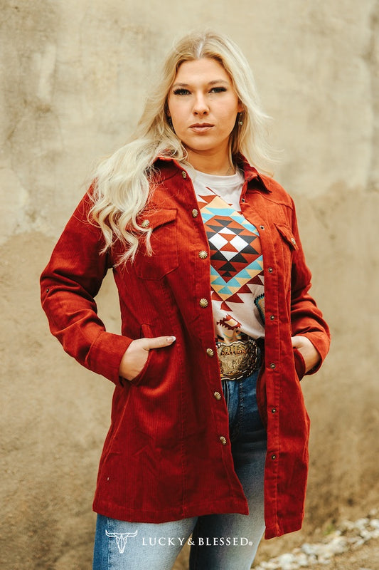 Rust Corduroy Button Down Pearl Snap Long Sleeve Tunic Shacket