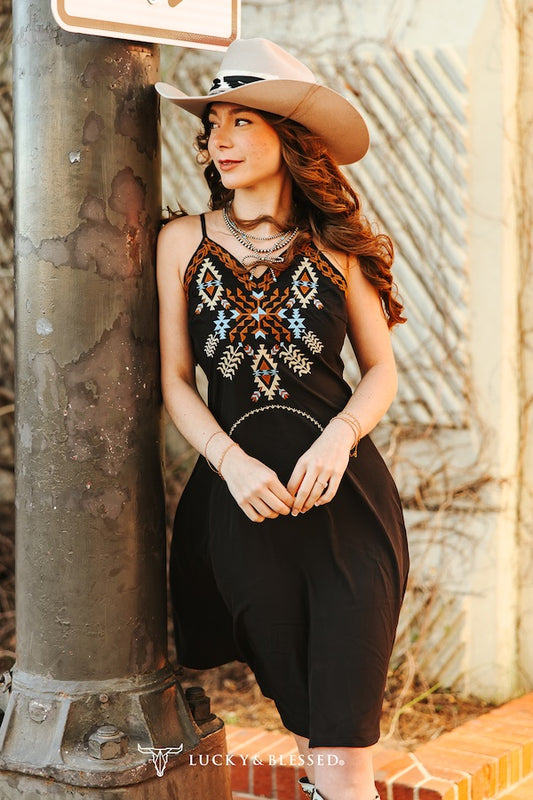 Black Embroidered Tied Up Spaghetti Strap Dress with stretch