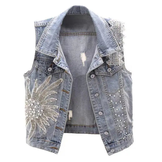 Women Fashion Lace Beaded Denim Vest with Polo Collar