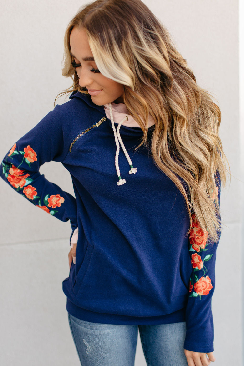 Ampersand Double Hoodie Navy with Coral Floral Embroidery