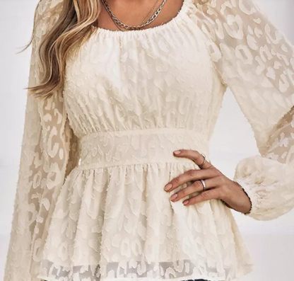 Texture Elastic Waist Puff Sleeve Blouse