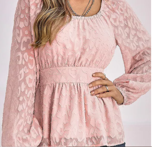 Texture Elastic Waist Puff Sleeve Blouse