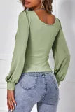 Green Square Neck Puff Sleeve Ribbed Top