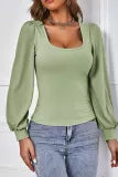 Green Square Neck Puff Sleeve Ribbed Top