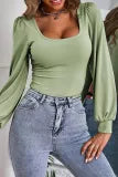 Green Square Neck Puff Sleeve Ribbed Top