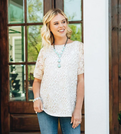 SWEETLY SPOTTED TOP WITH LACE SLEEVES
