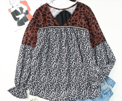 Cheetah Patchwork Western Pleated Long Sleeve Top