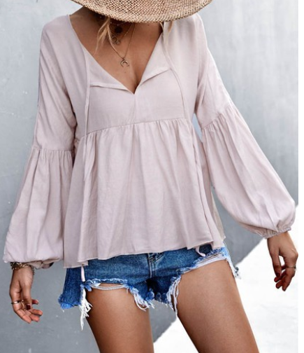 Lantern Sleeves Solid Color V Neck