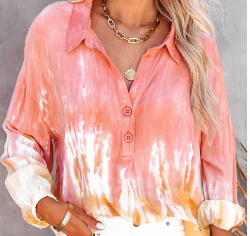 Tie Dye Print Lace-up Buttoned Henley Top