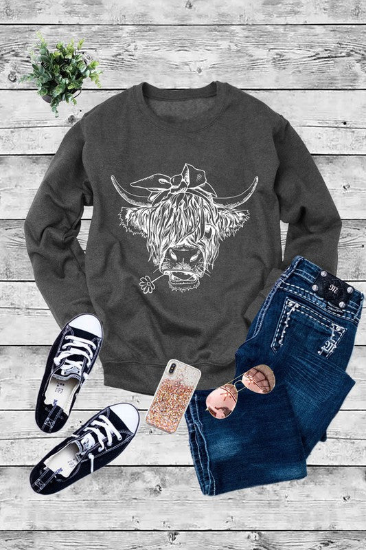 Highland Hairy Cow with Flower - Crew Neck