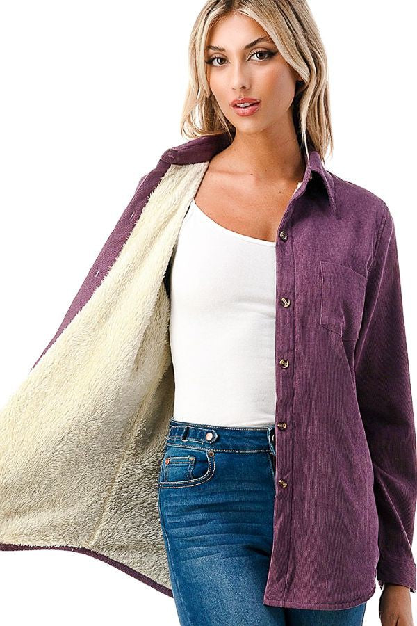 Solid corduroy button down fleece lined shacket