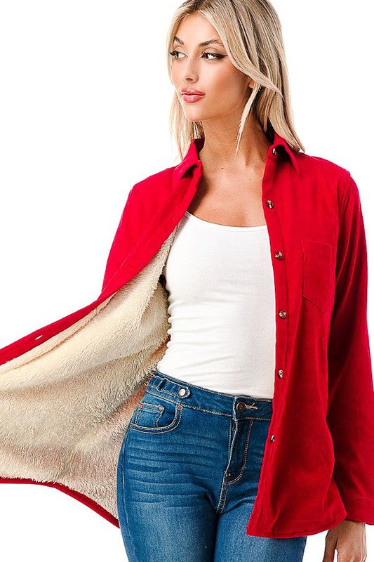 Solid corduroy button down fleece lined shacket
