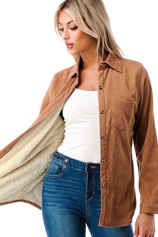 Solid corduroy button down fleece lined shacket