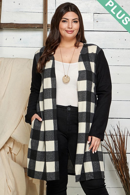 PLUS SIZE-PLAID CONTRAST CARDIGAN W POCKETS