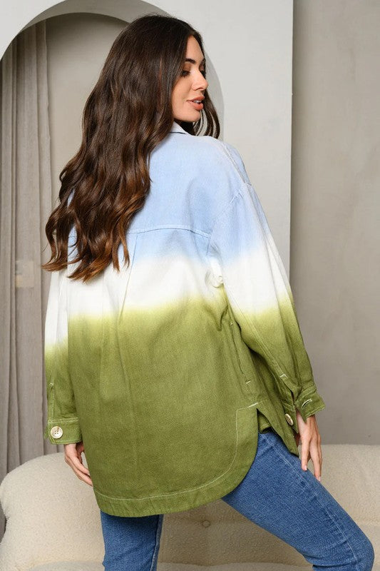 Ombre color block cotton button-down jean jacket