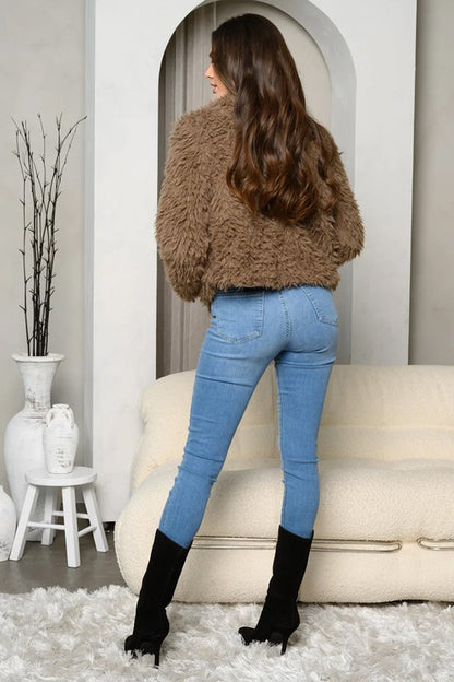 Faux fur long-sleeve oversized collar jacket