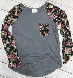 Grace and Emma Grey and Floral Long Sleeve Pocket Tee
