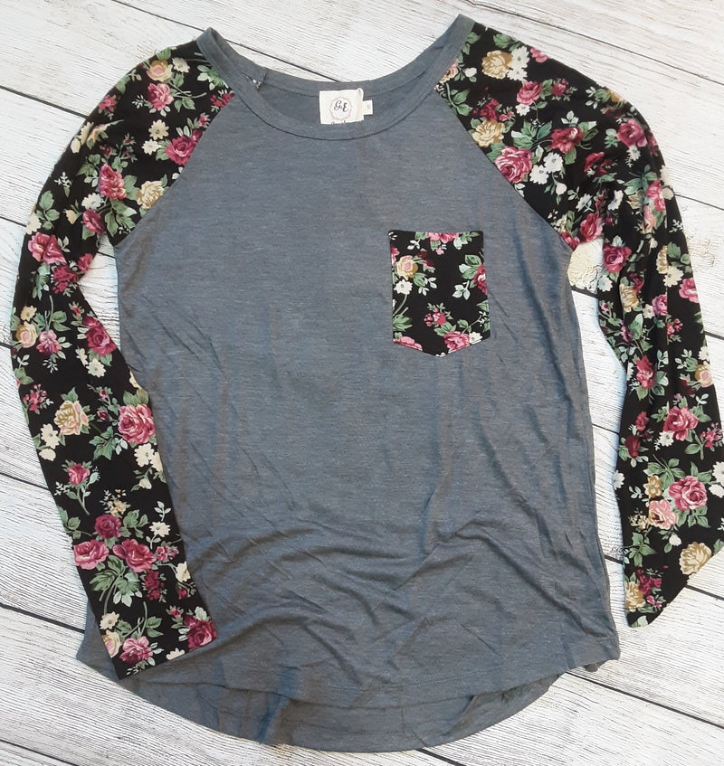 Grace and Emma Grey and Floral Long Sleeve Pocket Tee