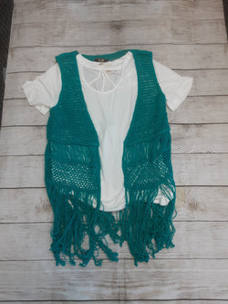 L&B Crochet Fringe Vest, Turquoise