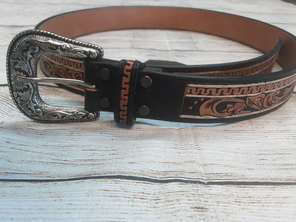 American Darling Black and Tan Tooled Leather Belt