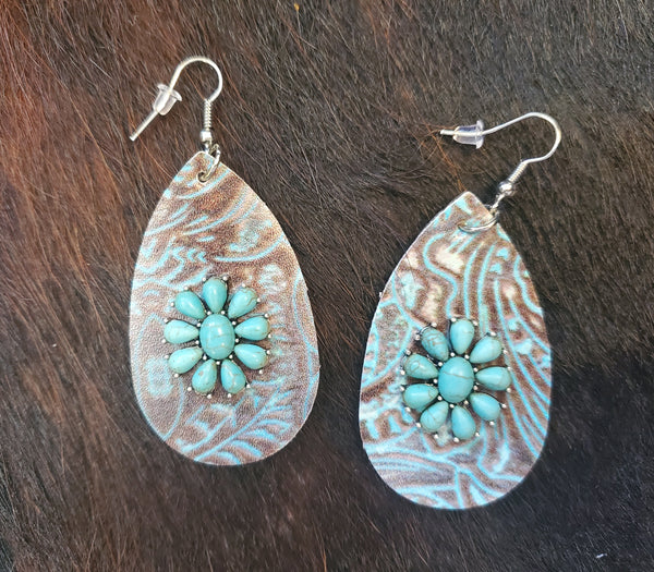 Turquoise and Brown Leather Stamped Earrings with Turquoise Stone