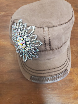 Bling flower hand detail stitched cadet with AB stones, adjustable velcro closure