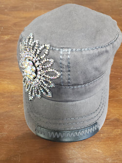 Bling flower hand detail stitched cadet with AB stones, adjustable velcro closure