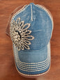 XL glass AB crystal flower two tone high contrast ball cap, adjustable snap-back closure