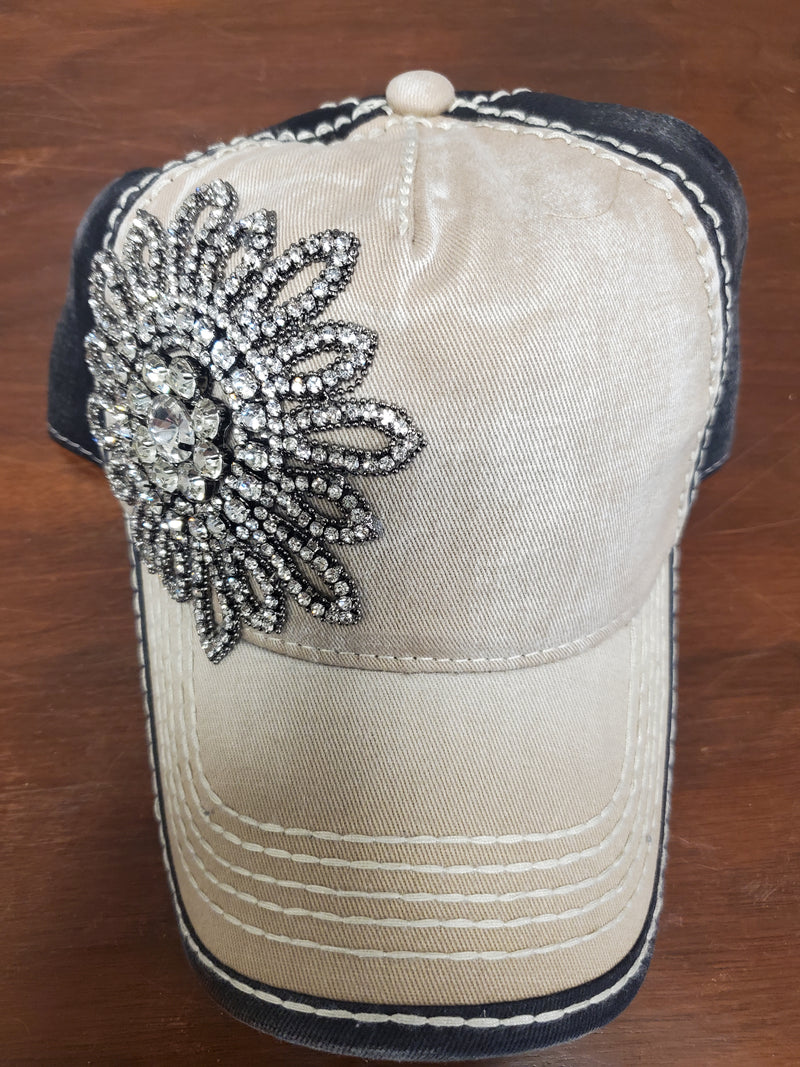 XL glass crystal flower two tone high contrast ball cap, adjustable snap-back closure