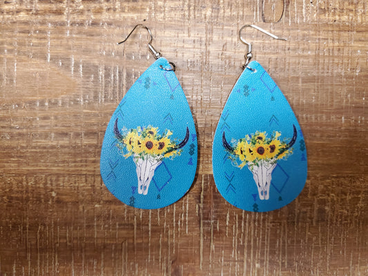 Tear Drop Sunflower Skull Earrings