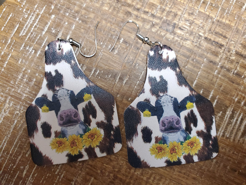 Cow and Sunflower Tag Earrings