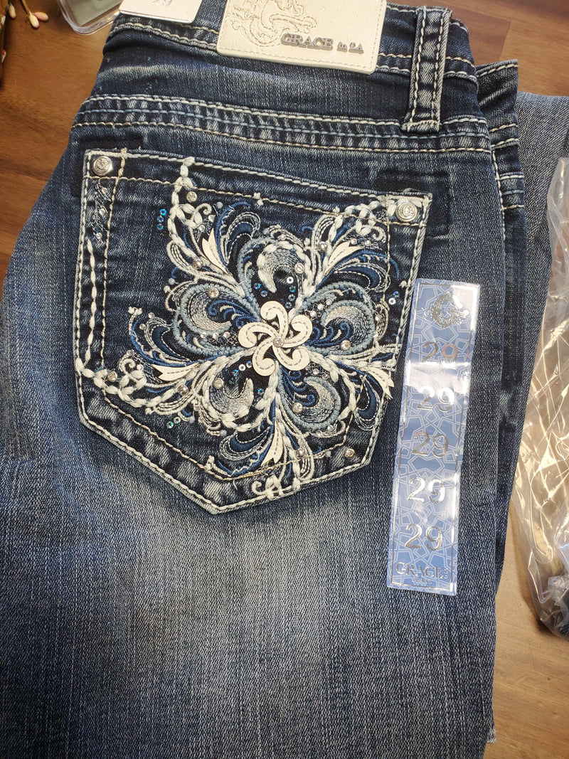 Medium blue wash, with floral embroidery and sequins