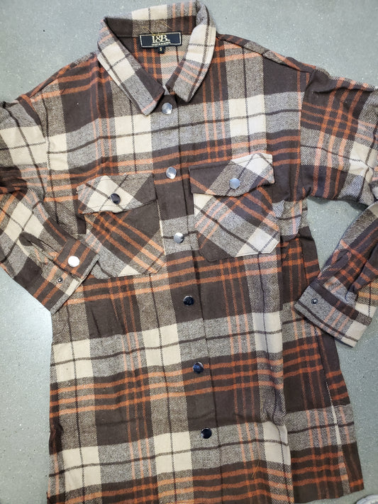 Brown Flannel Long Sleeve Snap Top
