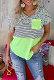 Leopard Splicing Striped Print Short Sleeve Pocket Patchwork Top