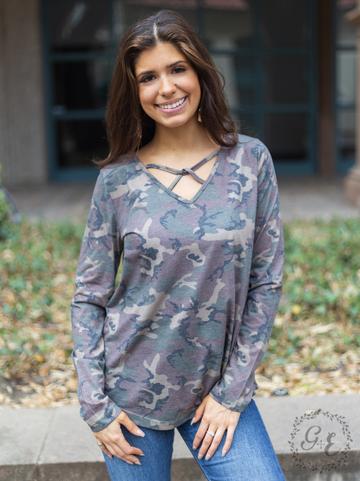 LET'S TAKE A ROAD TRIP CAGED LONG SLEEVE WITH V NECK, CAMOUFLAGE