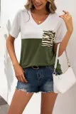 V-Neck Leopard Print Pocket Short Sleeve T-Shirt