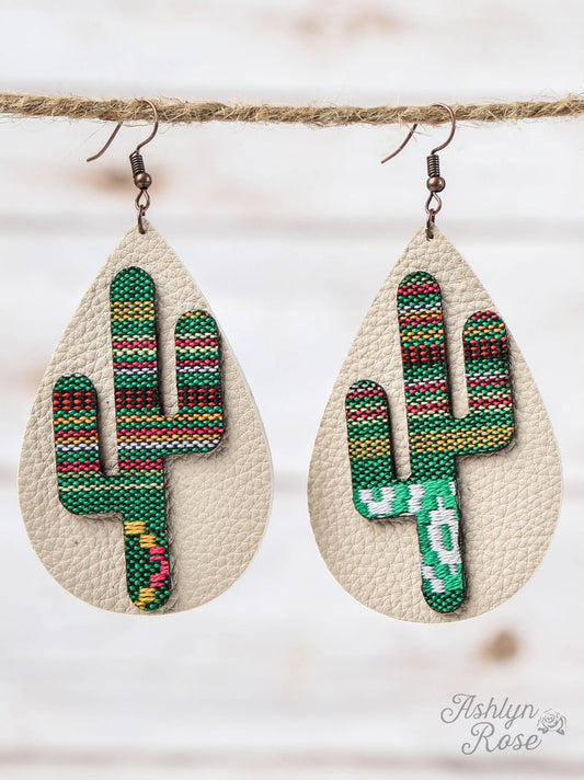 Green Serape Cactus Leather Teardrop Earrings, Copper