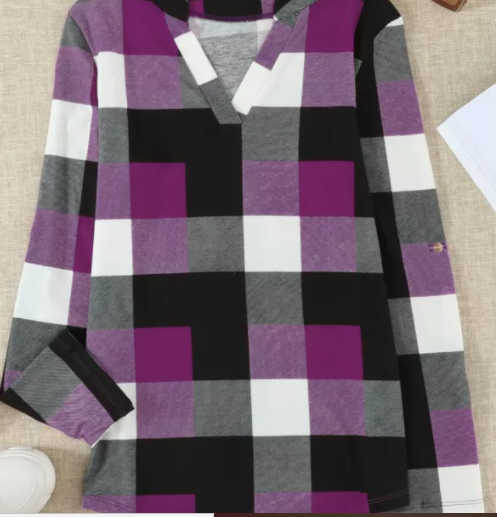 Purple Contrast Plaid V Neck Long Sleeve Top