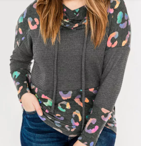 Gray Cowl Neck Waffle Colorful Leopard Patchwork Plus Size Sweatshirt