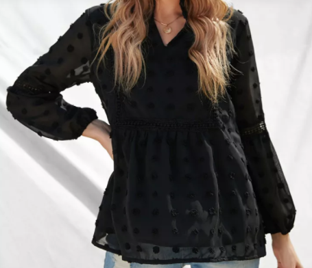 Boho Ruffled Split Neck Lace Hollow Out Puff Sleeve Polka Dot Blouse