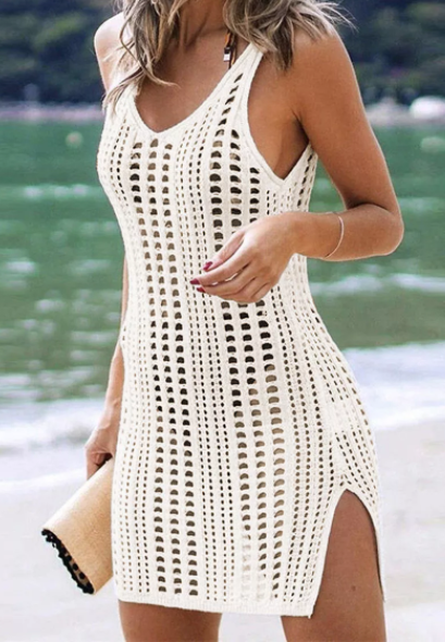 White Hollow Out Crochet Cover Up Beach Dress with Slits