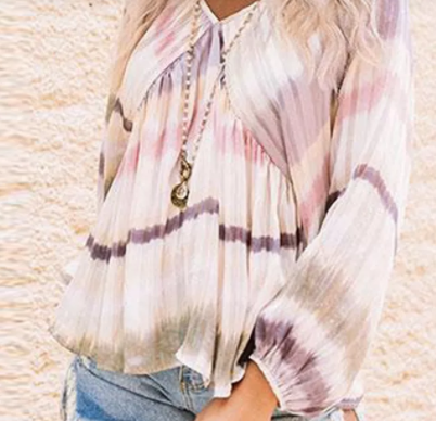 Tie-dyed V Neck Bubble Sleeve Babydoll Top