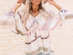 Tie-dyed V Neck Bubble Sleeve Babydoll Top