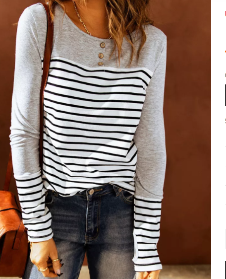 Gray Striped Color Block Round Neck Long Sleeve Top
