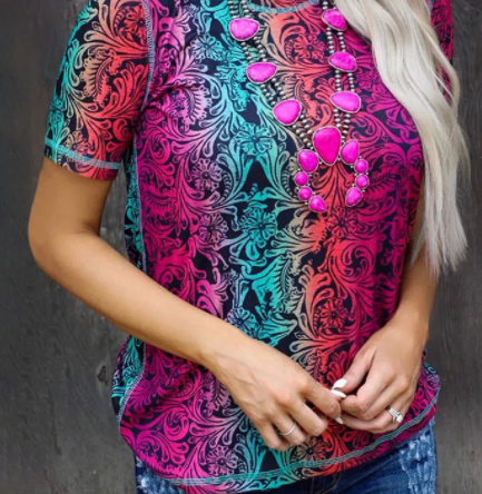 Rose Gradient Vintage Paisley Print Tee