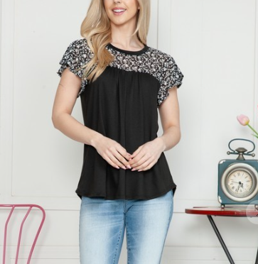 Solid Floral Mesh Short Sleeve Spring Top