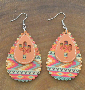 Aztec Tear Drop Cactus & Cross Earrings
