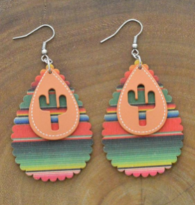 Aztec Tear Drop Cactus & Cross Earrings
