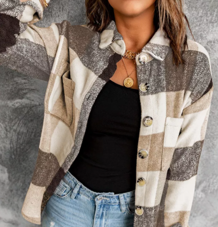 Khaki Plaid Color Block Buttoned Long Sleeve Jacket with Pocket