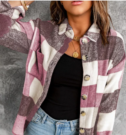 Plaid Color Block Buttoned Long Sleeve Jacket with Pocket